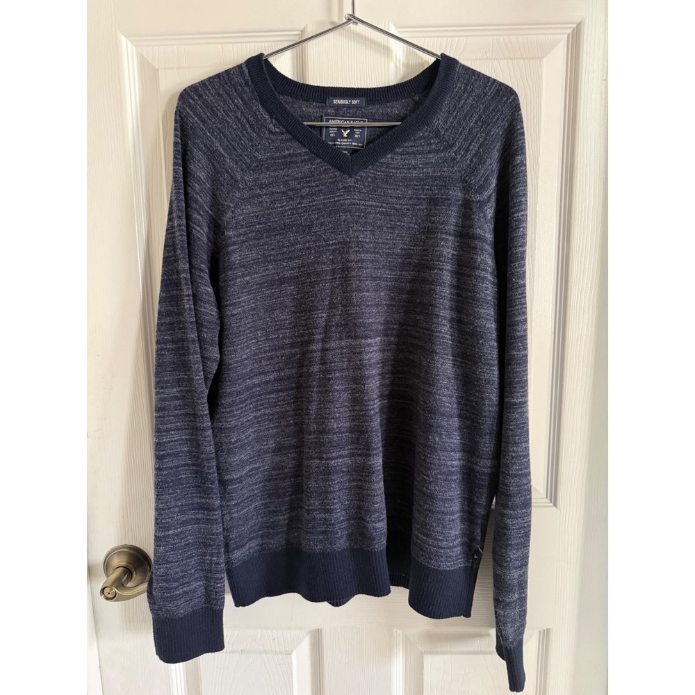 American Eagle Mens Seriously Soft V-Neck Sweater Navy Blue Space Dye Medium